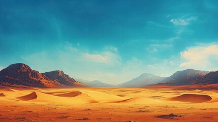 Endless expanses of golden sand dunes stretch across the horizon, flanked by rugged mountains under a bright blue sky. The midday sun illuminates this arid and tranquil desert location