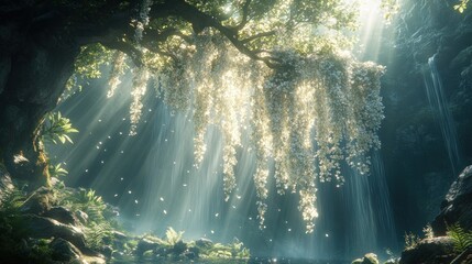 Obraz premium Sunlit Waterfall Cave, Blossoms, Fantasy, Background, Game