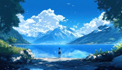 Girl Gazing at Majestic Mountain Lake Scene