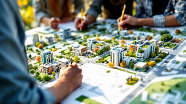 Urban planners sketching eco-friendly city layouts, solar panels, and green roofs, vibrant concept boards displayed