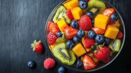 Fresh fruit salad in glass bowl, dark background. Healthy eating concept