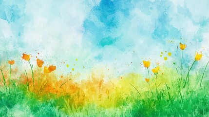 A lively watercolor meadow scene featuring yellow flowers, lush green grass, and a bright blue sky for a cheerful vibe
