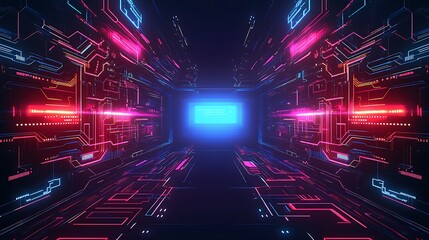 Obraz premium Futuristic neon tunnel with glowing circuit board walls.