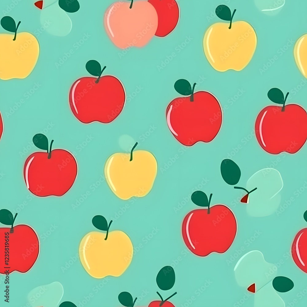 Poster repeating pattern of red and yellow apples on teal background