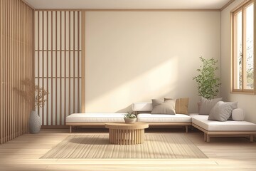 Fototapeta premium Serene Minimalist Living Room with Wooden Platform Seating and Natural Light