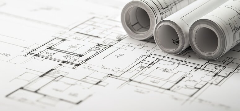 Rolled blueprints resting on architectural drawings.