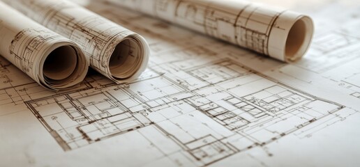 Rolled blueprints on architectural plans.