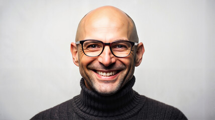 Obraz premium Bald man wearing glasses and black turtleneck smiling