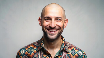 Obraz premium Bald man in patterned shirt smiling at camera