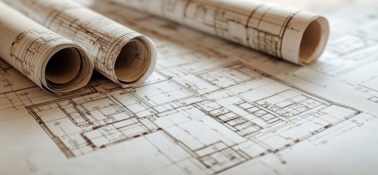 Rolled blueprints on architectural plans.