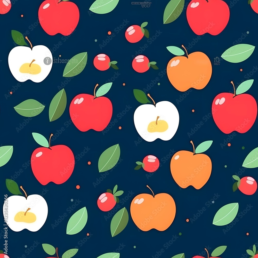 Poster Repeating Pattern of Stylized Apples and Berries