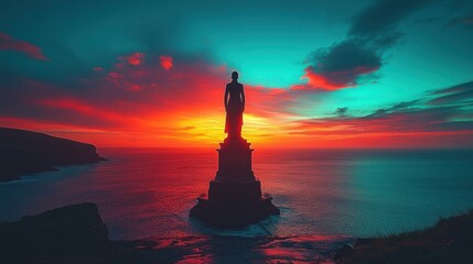 Silhouette Statue at Sunset Over Ocean Cliffs