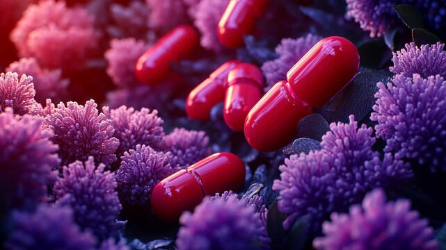 Red capsules nestled among vibrant purple flowers in a surreal botanical setting during twilight