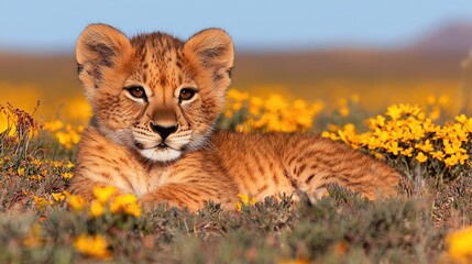 Obraz premium Lion cub resting in yellow flowers, savanna background; wildlife