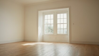 Sunlight Streams In: A clean, minimalist interior with a large window bathing the hardwood floor in warm sunlight, inviting natural light and a sense of tranquility into the space. 