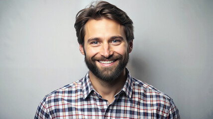 Fototapeta premium Bearded man in plaid shirt smiling warmly