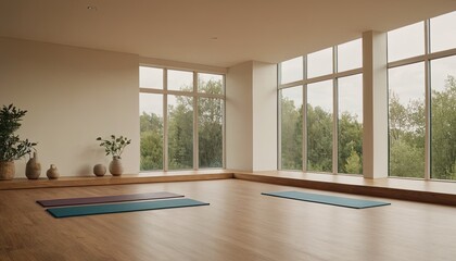 Fototapeta premium Tranquil Yoga Studio: A serene and inviting yoga studio with large windows offering a view of lush greenery, featuring wooden floors and comfortable yoga mats, perfect for mindful practice. 
