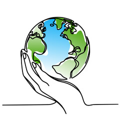 One continues line of hand holding earth, hand holding globe