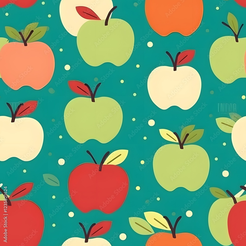 Poster repeating pattern of stylized apples on teal background