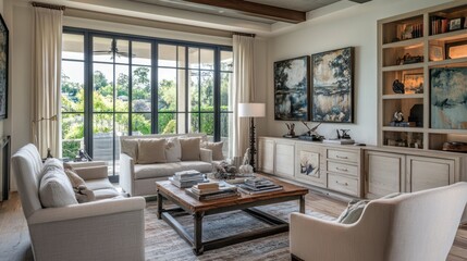 Fototapeta premium A modern, stylish living room with natural light and elegant decor.