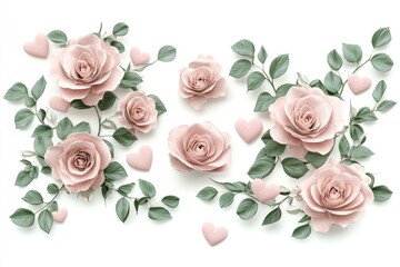 Fototapeta premium Delicate Floral Arrangement with Soft Pink Roses and Hearts on a White Background