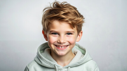 Smiling young boy in light green hoodie