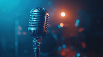 Retro steel microphone on bokeh concert stage. Vintage silver microphone on blurred background with...