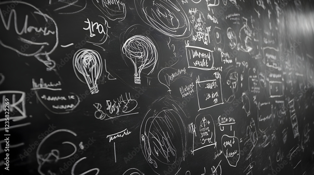 Aufkleber A blackboard wall covered in handwritten messages sketches and abstract doodles representing a space of creativity ideation and problem solving