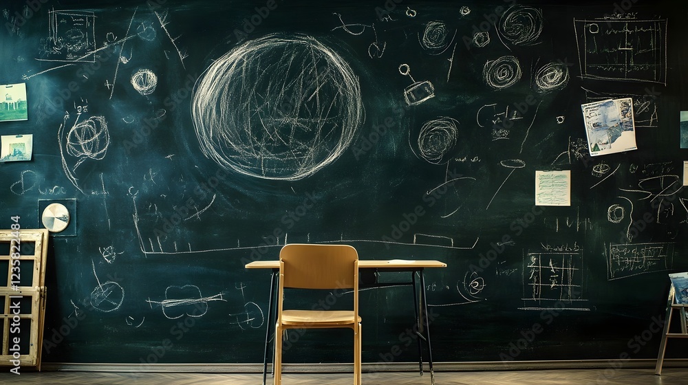 Poster A classroom chalkboard covered in educational diagrams sketches and conceptual visualizations showcasing a creative and innovative learning environment for STEM subjects such as math science