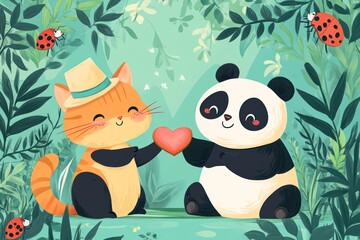 Fototapeta premium Cat and panda share heart, leafy background, friendship illustration, Valentine's card