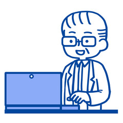 パソコンを操作するシニア男性イラスト