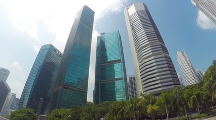 Naklejka premium Singapore skyscrapers, low angle view, city park, sunny day, urban landscape