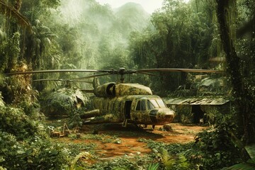 Camouflaged helicopter rests in overgrown jungle clearing