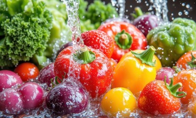 Colorful fresh vegetables splashed with water