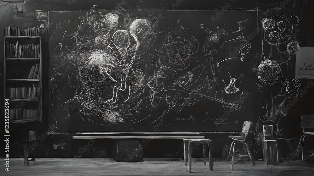 Poster A highly imaginative and visually striking surreal chalk drawing depicting a mysterious cosmic nebula or galaxy on a dark chalkboard creating a cerebral and otherworldly atmosphere  The chaotic