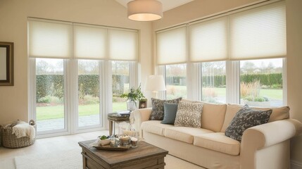 Fototapeta premium Serene sunroom, cream couch, garden view.