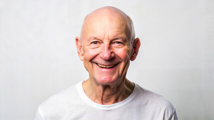 Obraz premium Elderly bald man in white t-shirt smiling warmly
