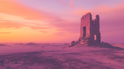 Obraz premium Crumbling Watchtower Overlooking a Serene Landscape at Dusk