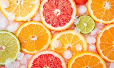 Colorful citrus fruits on ice