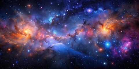 Fototapeta premium A vast expanse of dark blue space with numerous stars and nebulae in shades of pink, purple, and orange against a deep black background, astronomy, deep blue