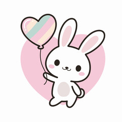 Fototapeta premium Kawaii Bunny with Heart Balloon – Cute Rabbit Illustration