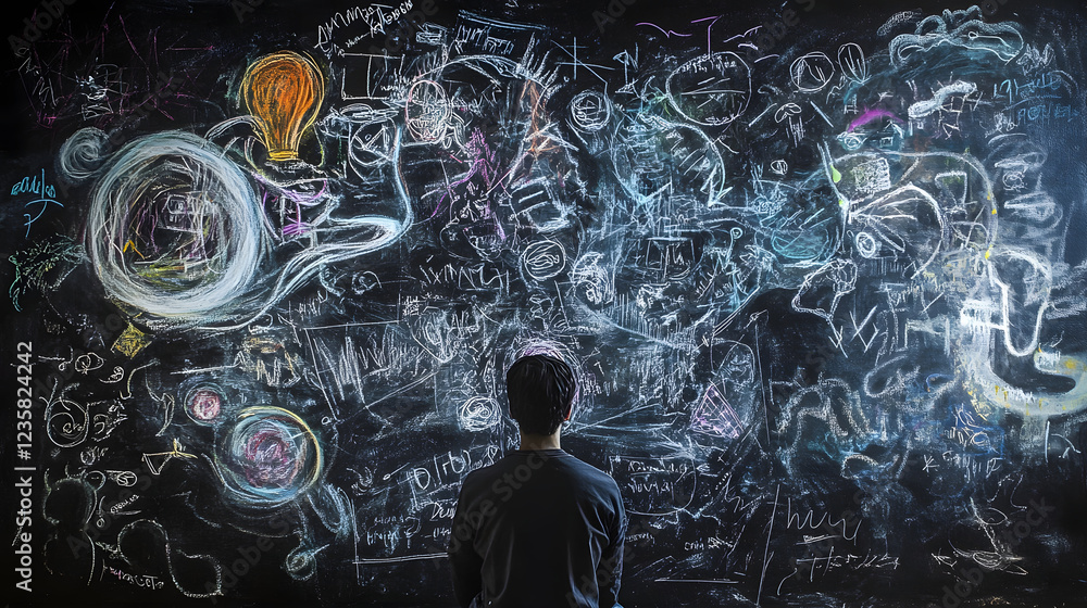 Aufkleber A surreal featuring a blackboard filled with a complex and dynamic doodle like composition of abstract shapes symbols and patterns  The flowing