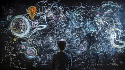 A surreal featuring a blackboard filled with a complex and dynamic doodle like composition of abstract shapes symbols and patterns  The flowing