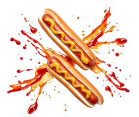 Set of delicious crossed hot dogs with ketchup and mustard splashes, isolated on transparent cutout background