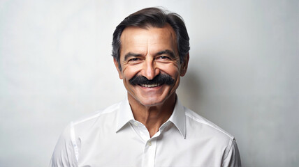 Obraz premium Middle-aged man with mustache in white shirt smiling