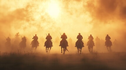 Fototapeta premium Dramatic Charge of Cavalry at the Crest Against a Fiery Sunset
