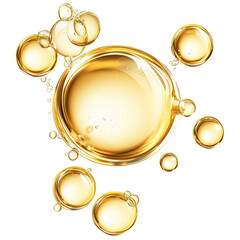 Shiny golden oil bubbles, isolated on transparent cutout background