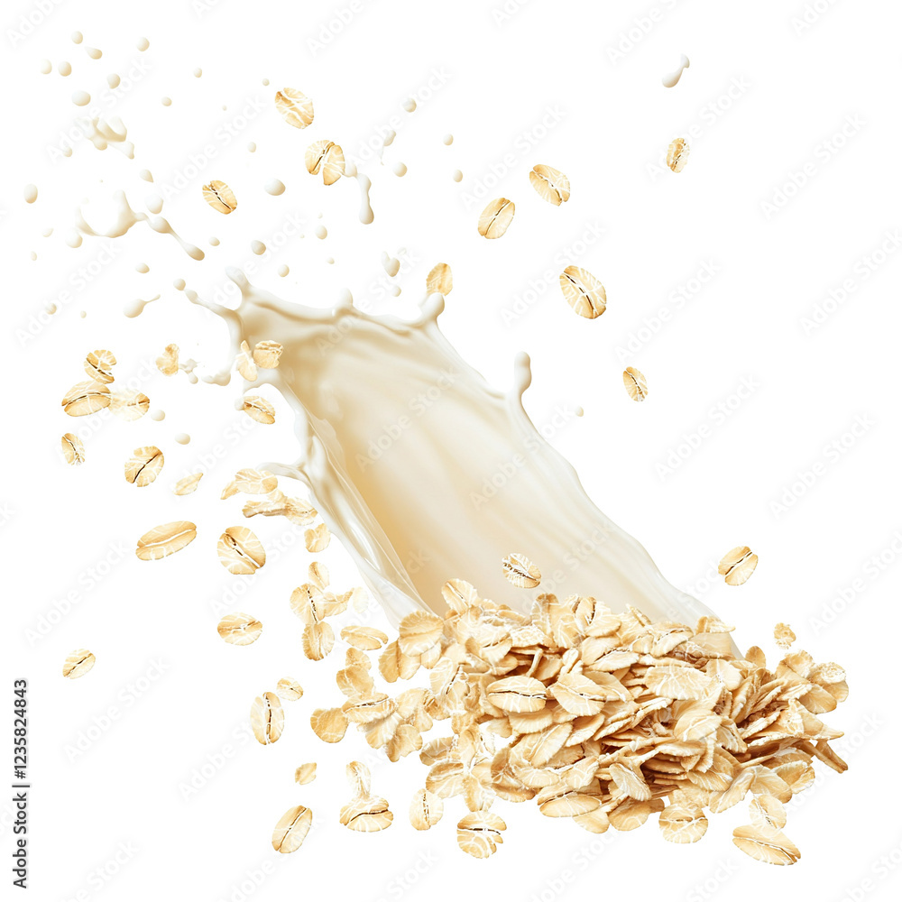 Poster flying oats with milk splash, creating dynamic motion, isolated on transparent cutout background