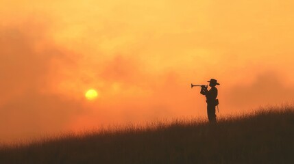 Fototapeta premium Lonesome Bugler Silhouetted on a Scorched Hillside at Sunset