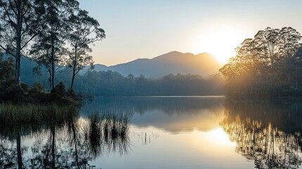 Obraz premium Sunrise lake reflection, mountain backdrop, calm water, travel poster